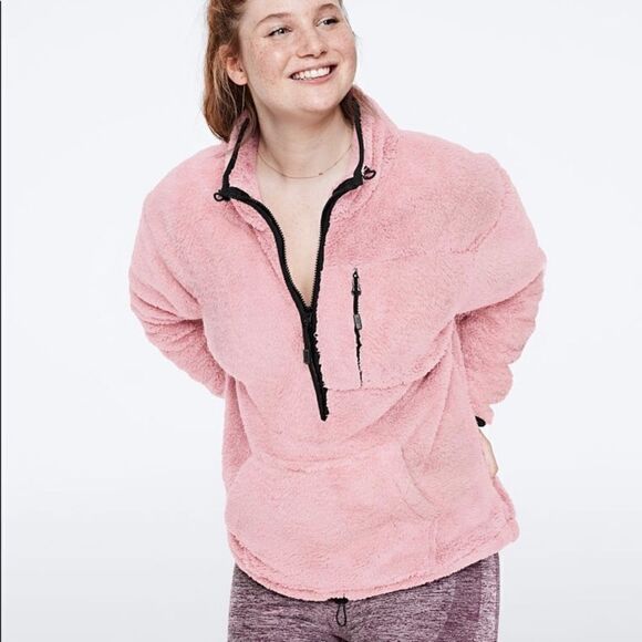 Pink Victoria’s Secret Teddy Half Zip Pullover Jacket Mauve Pink Small - Picture 1 of 9